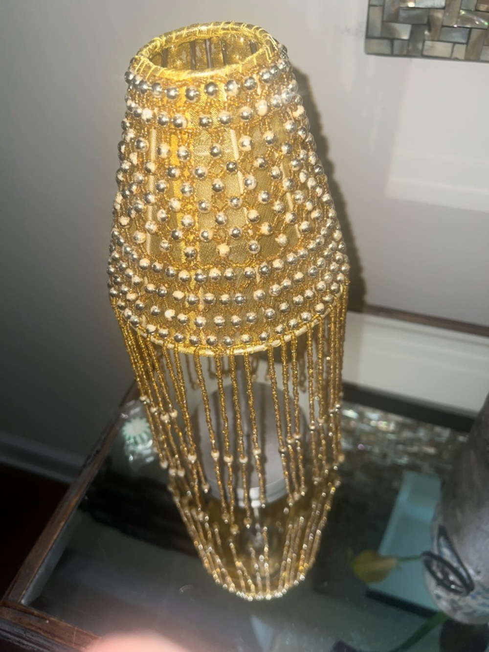 Gold Beaded Fringe Lantern Accent